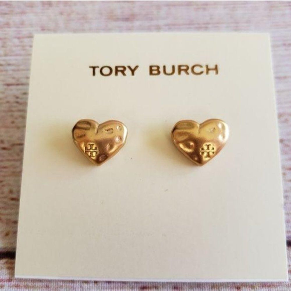 Tory Burch Heart Logo Stud Gold Tone Earrings - Picture 4 of 8